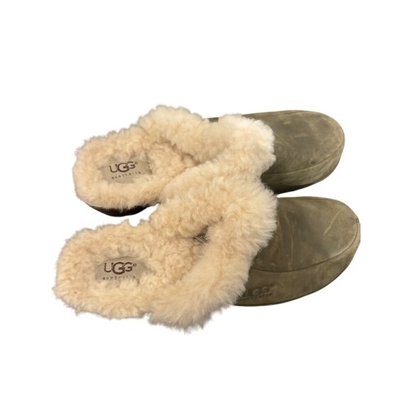 Ugg Australia Womens Size 8 Shearling Clogs Olive Green Leather Fur Lined Slip-O - Picture 6 of 7